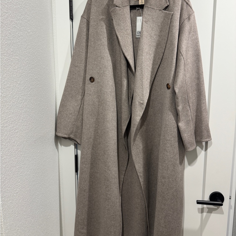 H&M Neutral Taupe Wool-Blend Long Coat